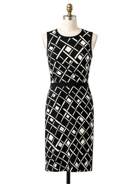 Vintage ICE Silk Geometric 90s Midi Dress Black White Sleeveless Size 4